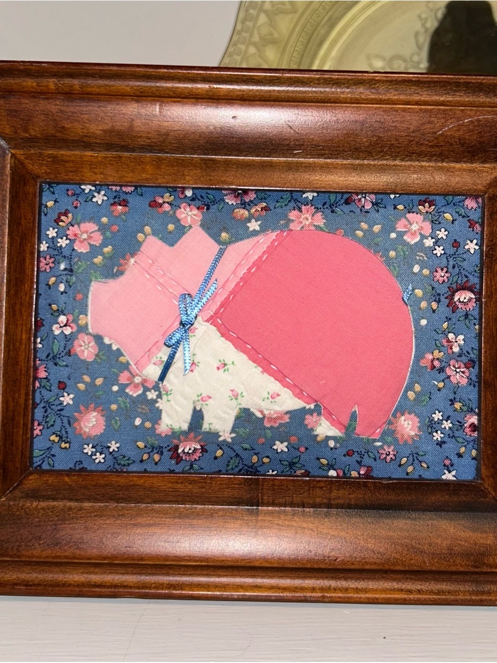 Pink Piglet Appliqué Wall Art - Floral Blue Background